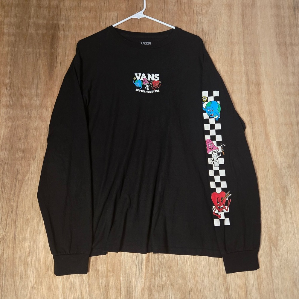 Vans Stoner Black Long Sleeve Graphic Tee Shirt Mens L Mushroom Heart Eath r